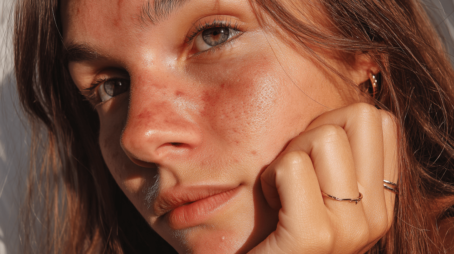 Close-up of woman with acne touching her face
