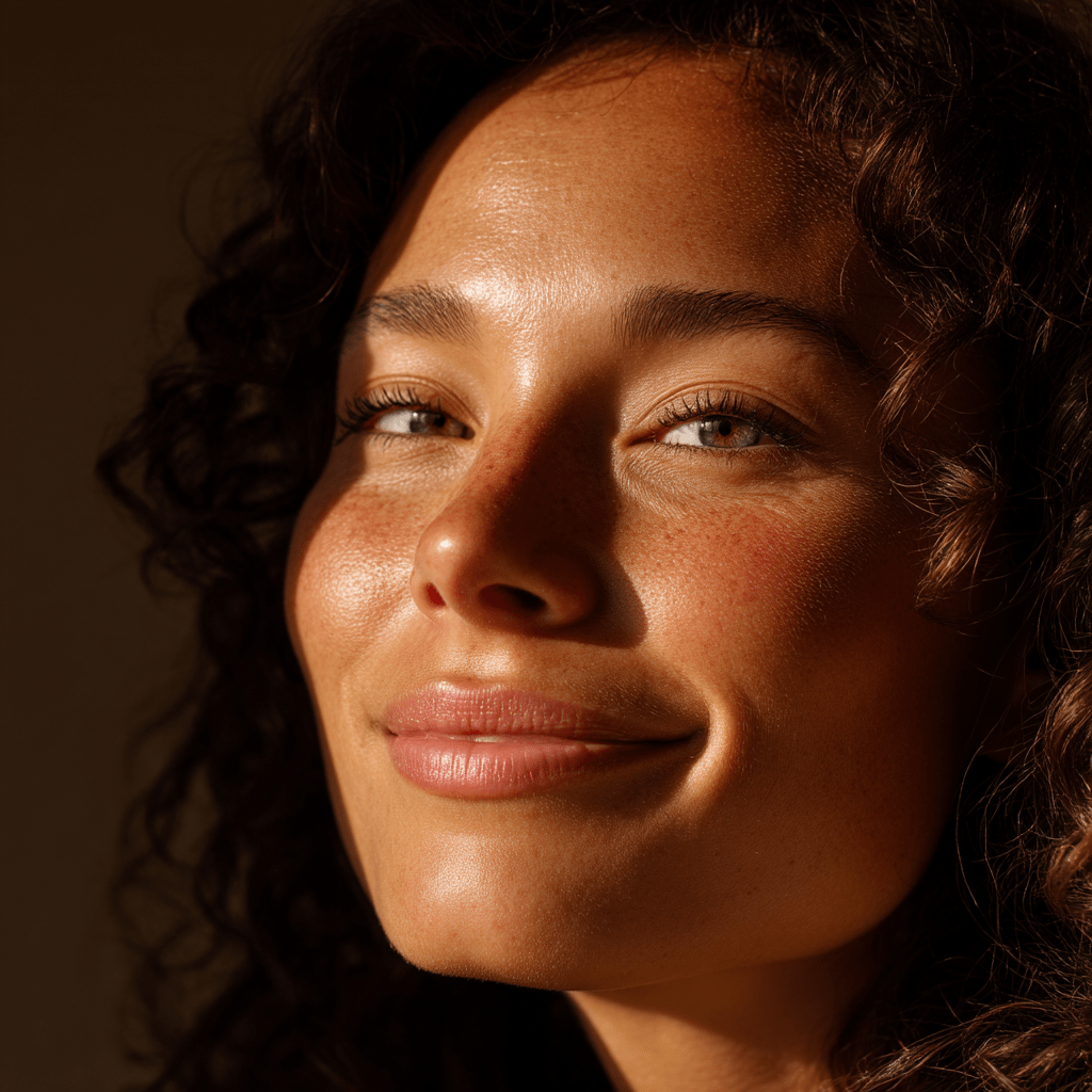 Young woman with clear, glowing skin smiling confidently in warm lighting