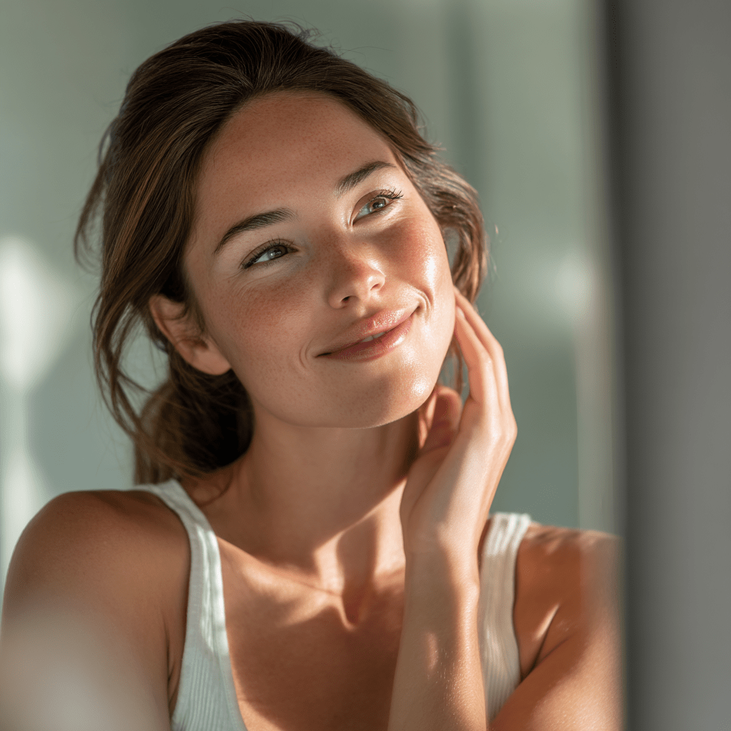 Young woman with natural, glowing skin touching her face and smiling confidently