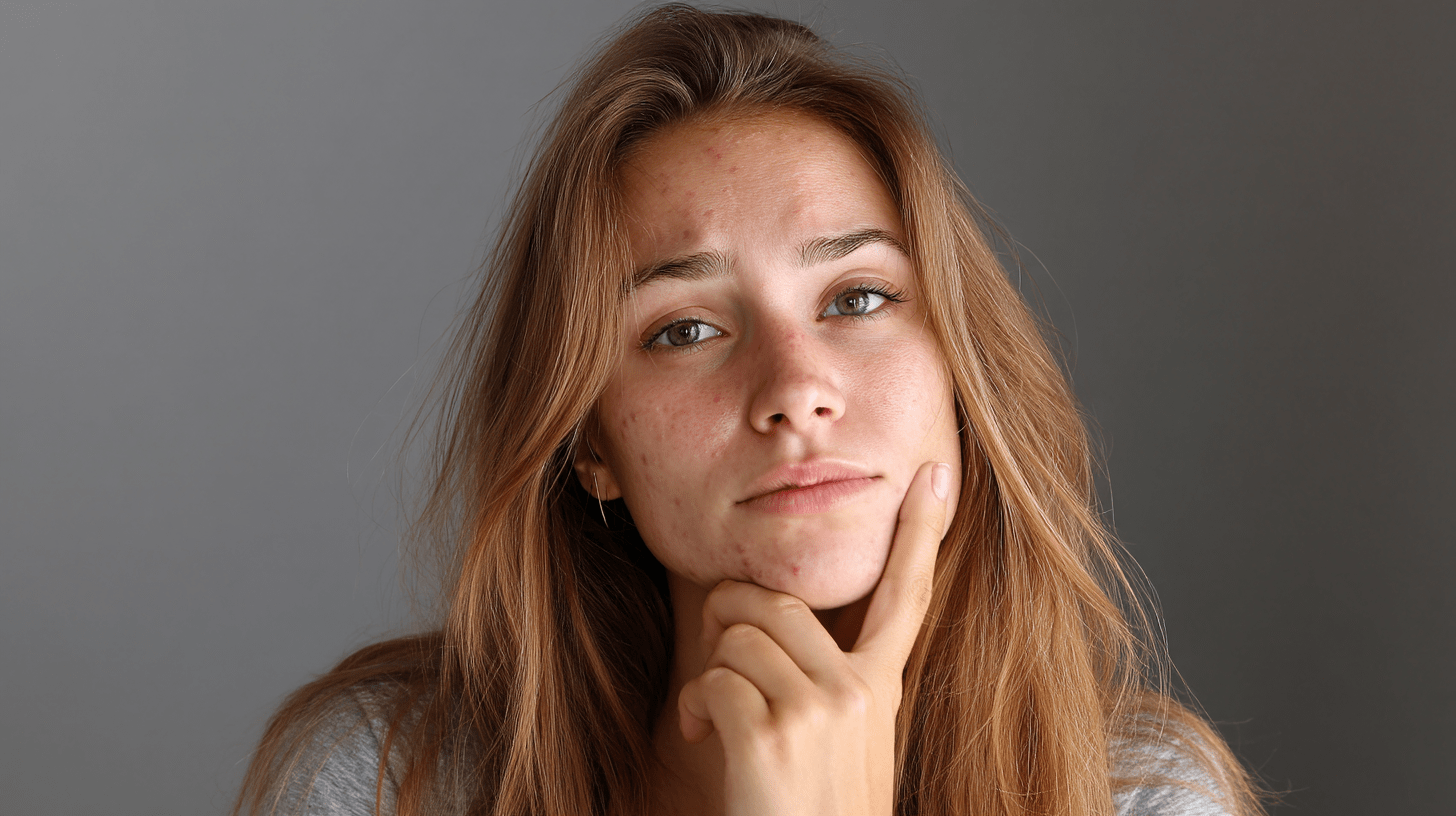 Young woman with acne thinking about solutions